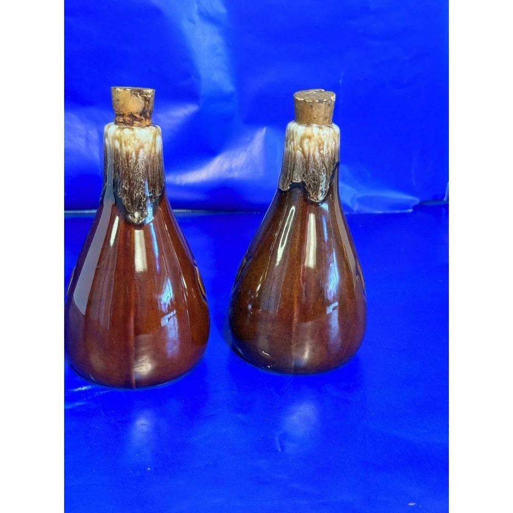 Vtg McCoy Oil & Vinegar Cruets‎ Brown Drip Glaze No Stoppers Set V & O 5